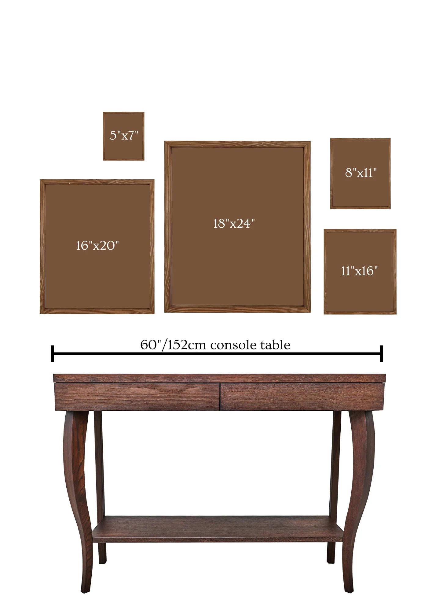 The different sizes of the pressed floral frame in comparison to a console table