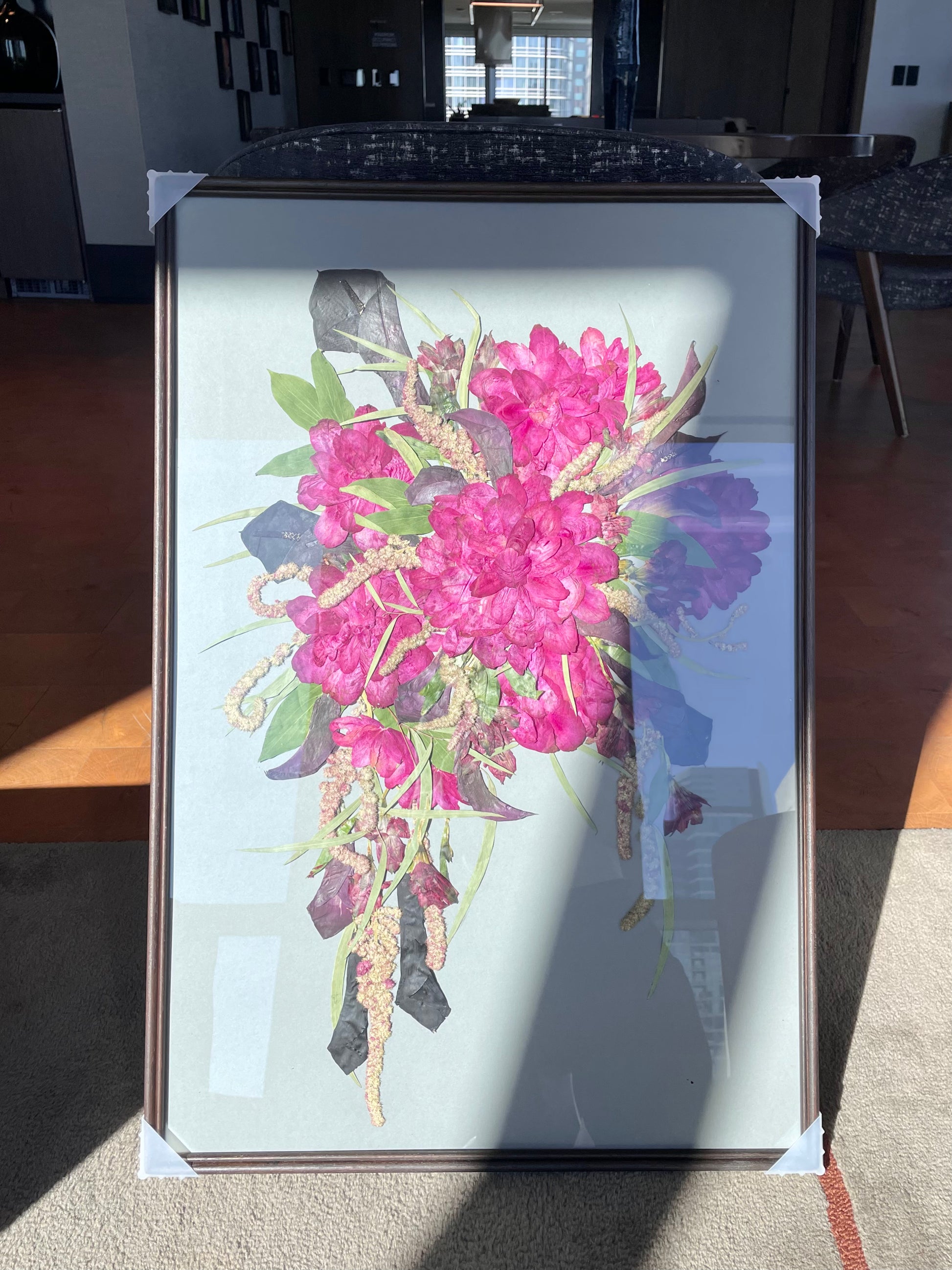 Preserved pink peonies flowers with pressed calla lilies