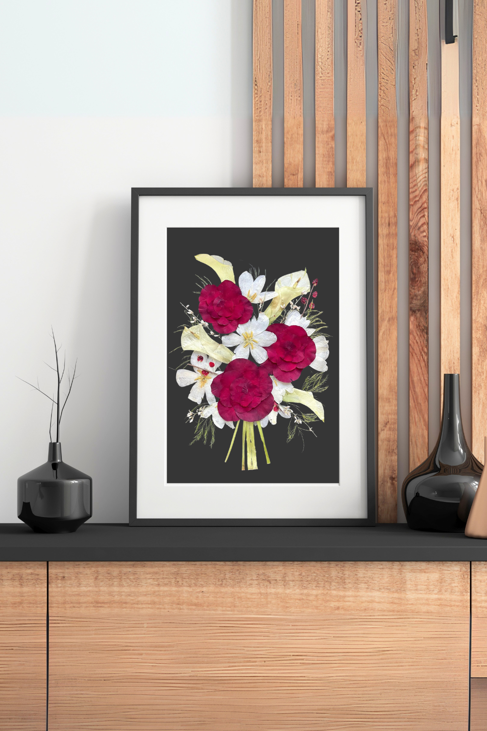 preserved bridal bouquet with red roses and white calla lilies